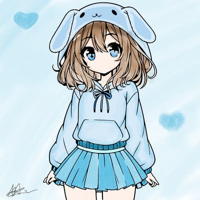 pretty anime girl wearing a fluffy hoodie with bunny ears on the hood and a skirt