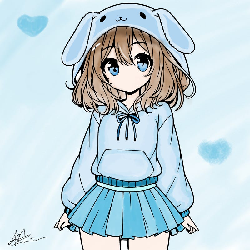 pretty anime girl wearing a fluffy hoodie with bunny ears on the hood and a skirt