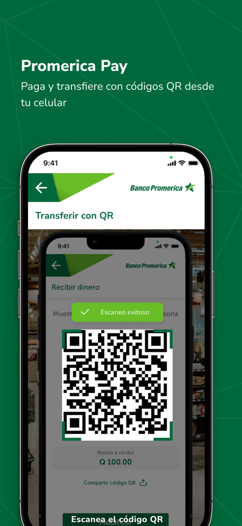 Banco Promerica Guatemala - Interfaz de pago con código QR de la aplicación móvil de Banco Promerica Guatemala