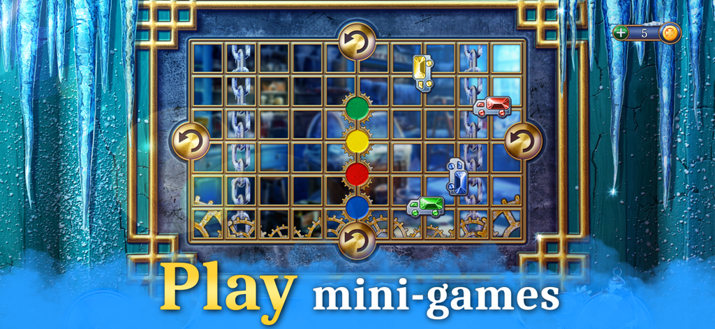 Logic puzzle mini game with colored gems in an icy setting