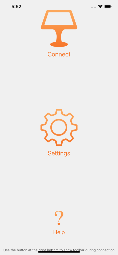 Remotix RDP Kiosk main menu with connect settings and help options