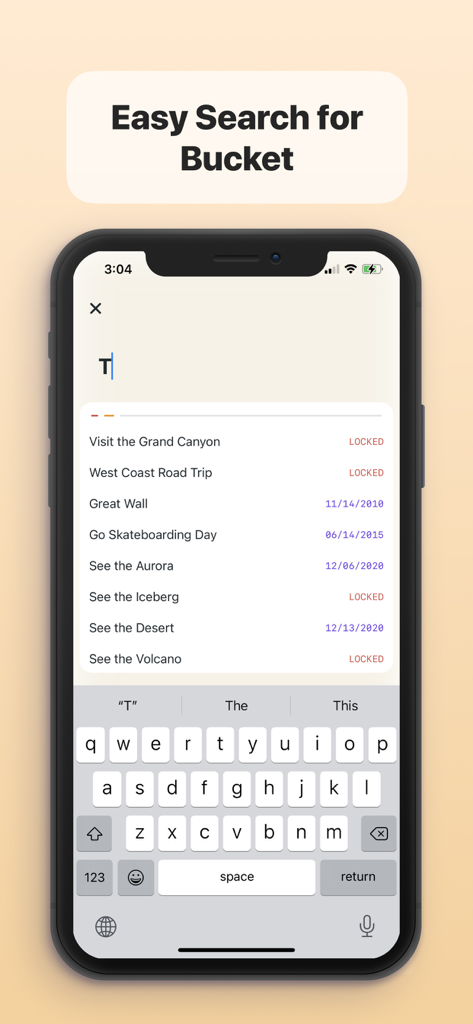 Search screen of the Bucket app displaying a list of personal goals and travel bucket list items