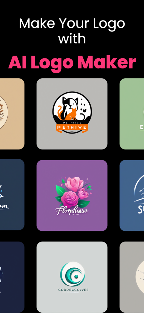 AI Logo Maker · Logo Generator - Una galería que muestra diversos diseños de logos profesionales creados por la aplicación AI Logo Maker para diferentes nichos de negocio.