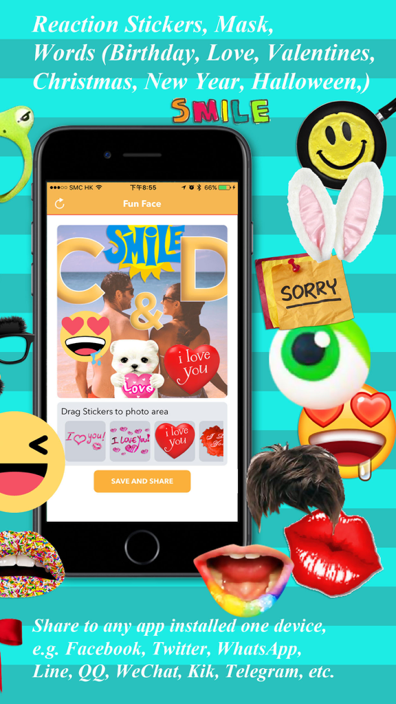 Fun Face -Funny Photo Filters Stickers Editor - Screenshot of the Fun Face app interface showing a photo being edited with various colorful stickers and emojis