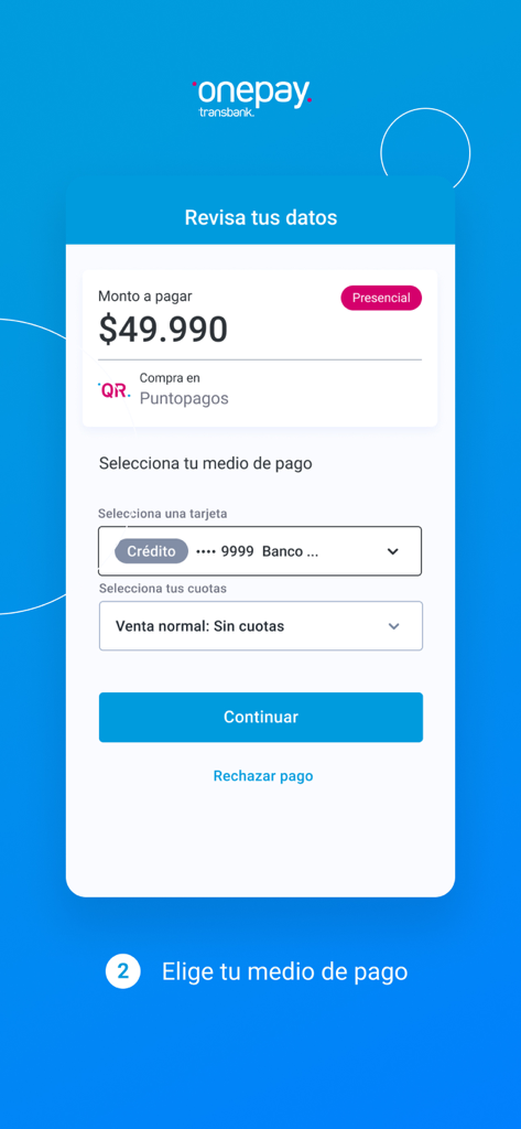 Onepay: paga fácil y rápido - Onepay app interface showing the payment method selection screen for a purchase of 49.990 pesos