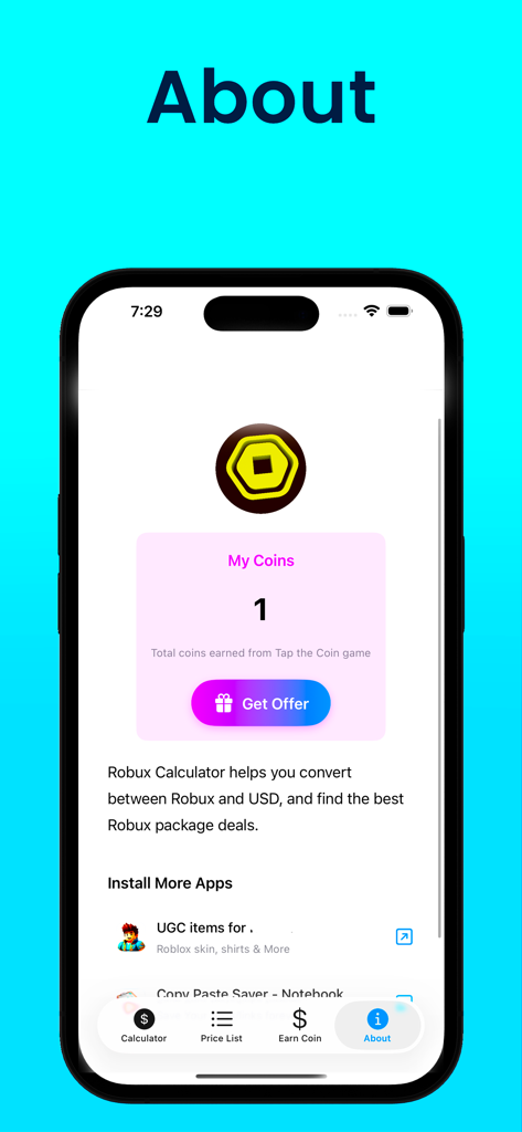 The About screen of the Robux Calculator app showing the current coin balance and a brief description of the currency conversion tool.