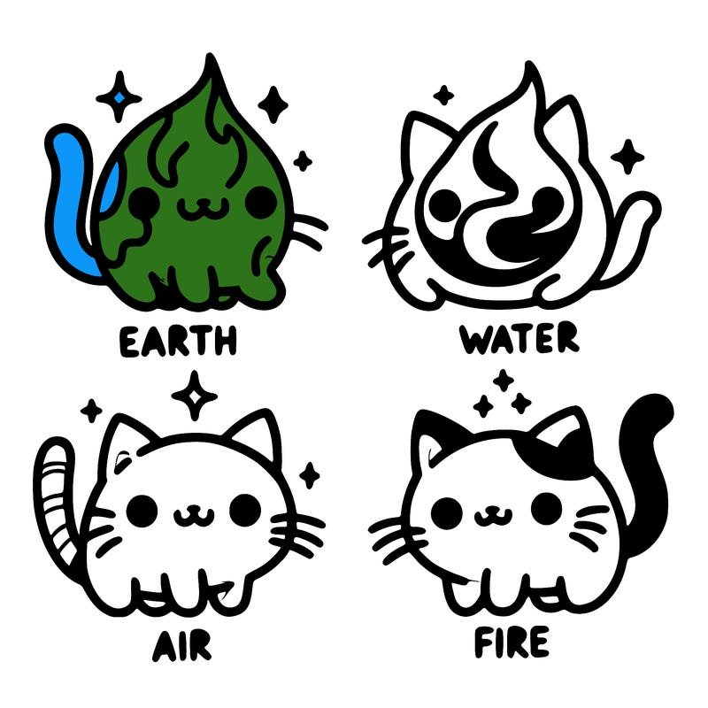 4 cats that represent the different elements, earth, water, air, and fire