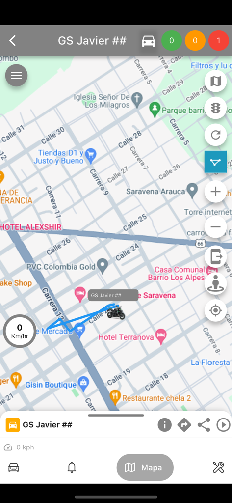 GPS STARLINK - Interface do aplicativo móvel GPS STARLINK mostrando rastreamento de motocicleta em tempo real em um mapa da cidade com dados de velocidade e localização.