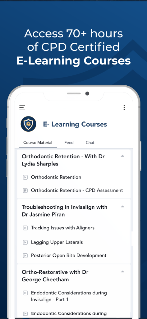 Aligner Dental Academy - Aligner Dental Academy mobile App-Oberfläche, die zertifizierte E-Learning-Fortbildungskurse für Allgemeinzahnärzte zeigt