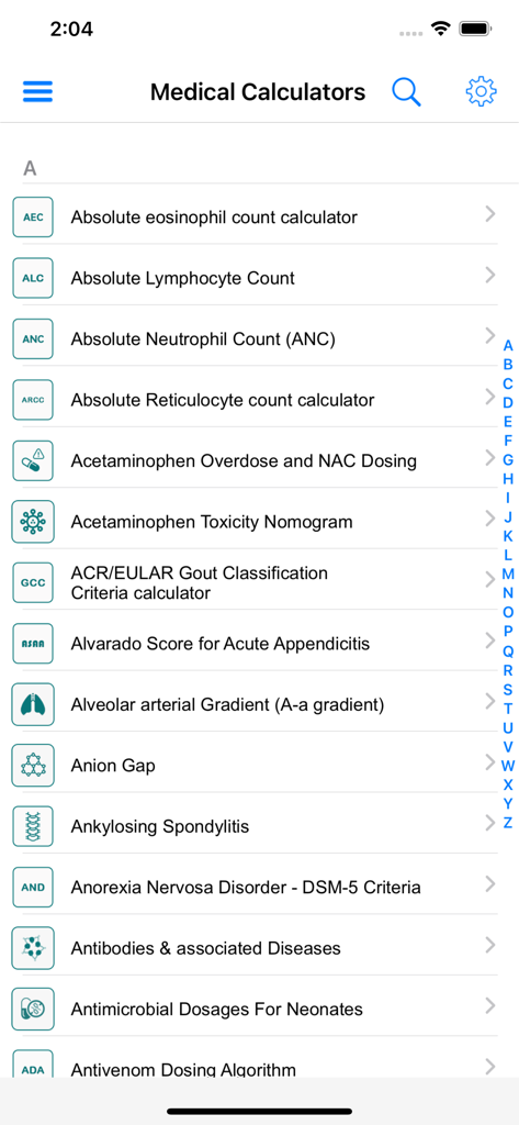Una lista alfabética de varias calculadoras médicas pediátricas dentro de la interfaz de la aplicación móvil.