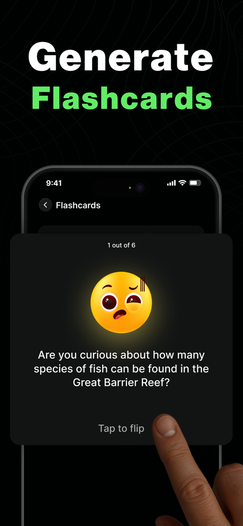 AI Note Taker- Meeting Minutes - A mobile app interface displaying an AI generated flashcard with a study question and a finger tapping to flip the card.
