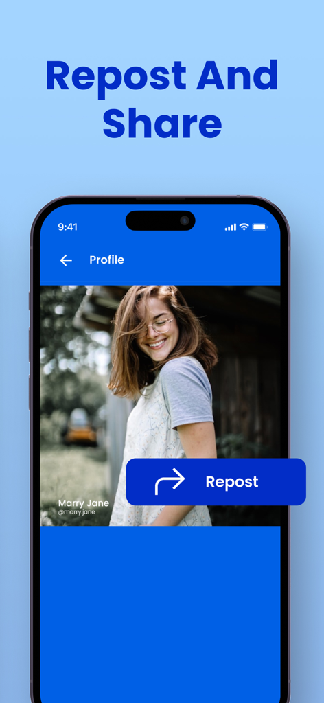 Unfollowers Unfollow Tracker - Interfaz de la aplicación móvil que muestra la función Repostear y Compartir con un botón de acción azul sobre la foto de perfil de redes sociales.