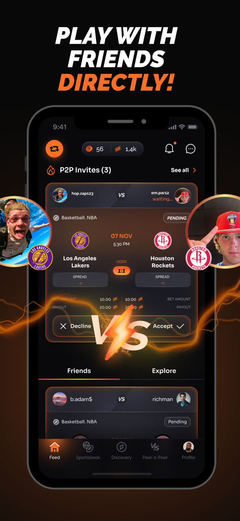 ReBet: Social Sports & Casino - Interface of the Rebet app showing a peer-to-peer social sports betting invitation between friends for an NBA game