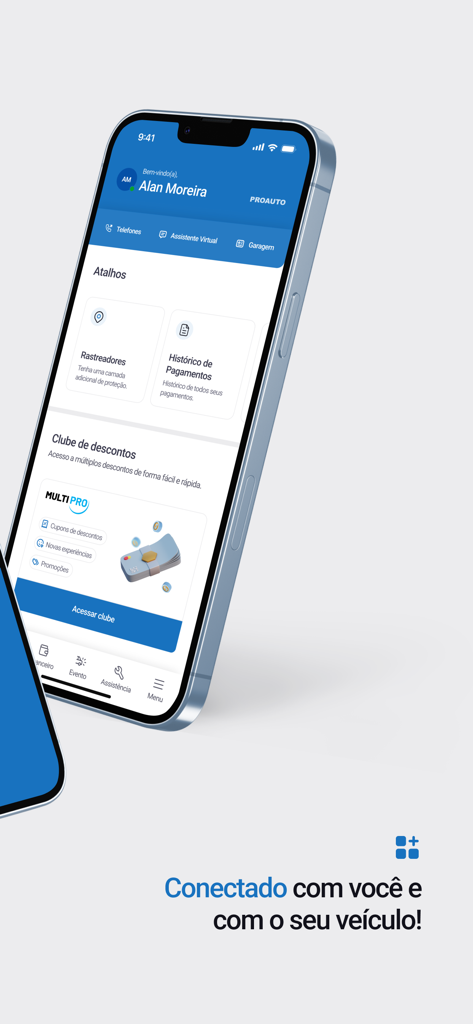 Schermata principale dell'app PROAUTO che mostra la dashboard con scorciatoie per il monitoraggio del veicolo e la cronologia dei pagamenti