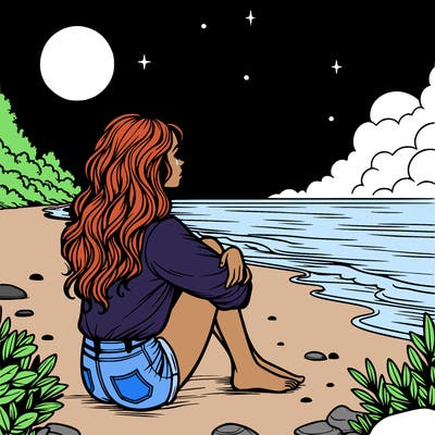 realistic girl sitting on the beach at night