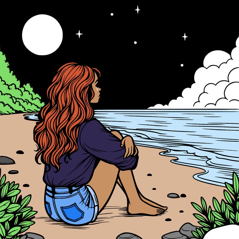 realistic girl sitting on the beach at night