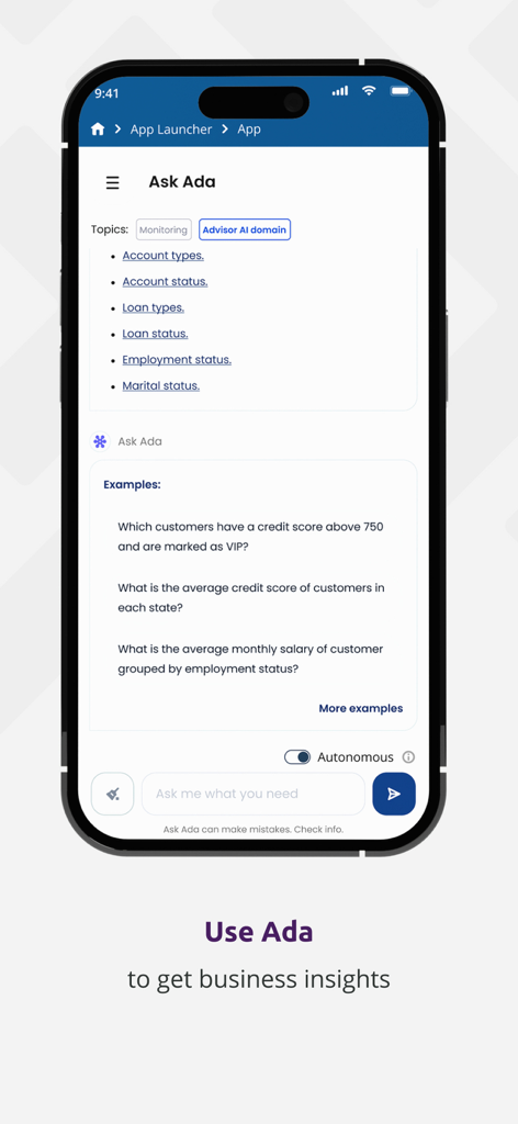 Interface do aplicativo móvel Bizagi com o assistente IA Ask Ada para gerar insights de negócios e consultas de processos automatizados.