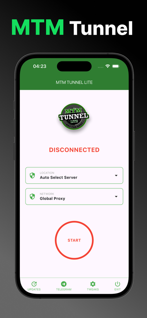 MTM Tunnel Lite interface showing a start button and server selection options
