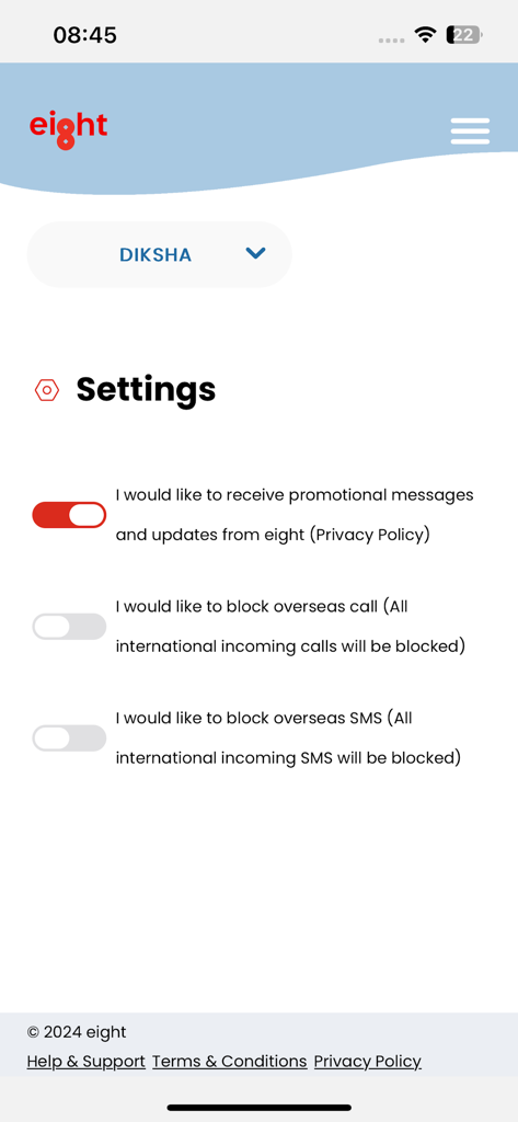 eight Telecom - Settings screen of the eight Telecom app showing options to manage promotional messages and block international calls and SMS.