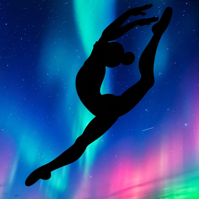 gymnast doing a leap in a leotard with a bent back leg