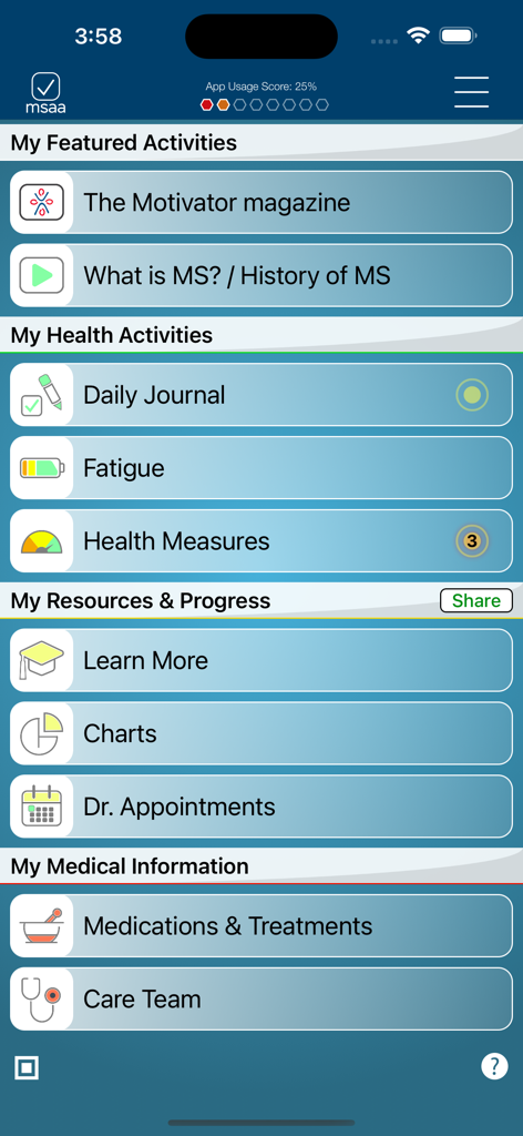 MSAA—My MS Manager - Dashboard of the My MS Manager app featuring sections for health activities journal fatigue tracking and medical resources