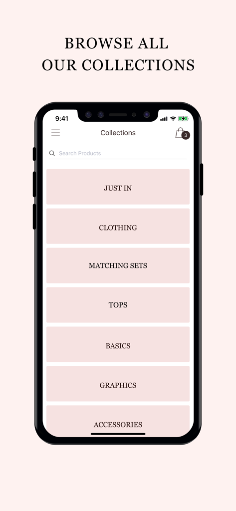 Brandy Melville US - Application Brandy Melville US montrant les catégories de collections de vêtements comme Just In, Clothing et Basics