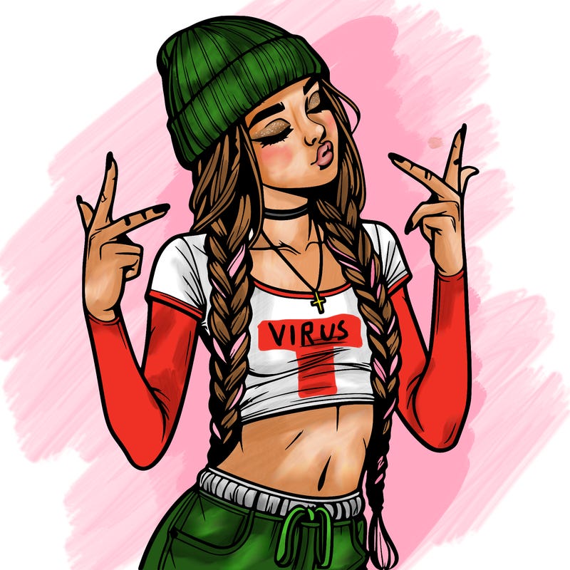 realistic teenage girl with braids and a beanie and crop top doing 🫶🏼