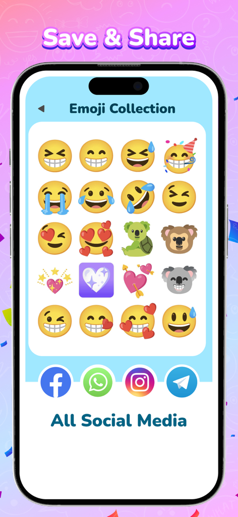 Pantalla de Colección de Emojis que muestra emojis personalizados e íconos de compartir en redes sociales para Facebook, WhatsApp, Instagram y Telegram