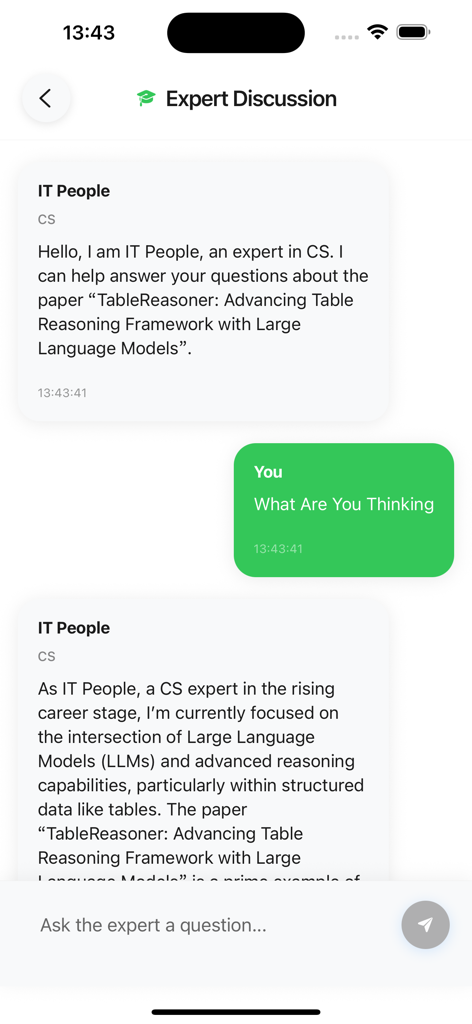 Interface of Paperly AI showing a chat with an expert about a computer science research paper.