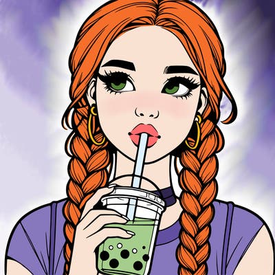 realistic girl with braided hair drinking boba