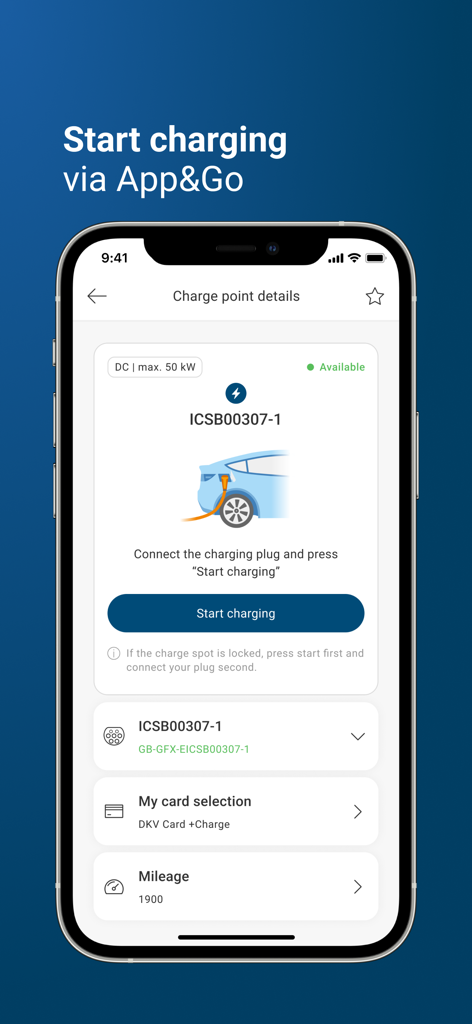 DKV Mobility - Écran de l'application DKV Mobility affichant les détails de la borne de recharge pour véhicules électriques avec un bouton de démarrage de la recharge