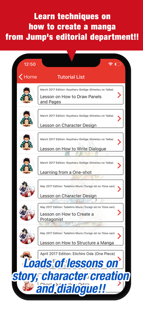 Screenshot of the JUMP PAINT app showing a list of official manga creation tutorials from Shonen Jump authors