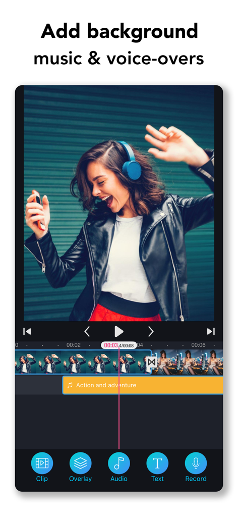 ClipIt - Video Maker & Editor - ClipIt-Videoeditor-Oberfläche, die die Funktion zum Hinzufügen von Hintergrundmusik und Voiceovers zu Clips zeigt.