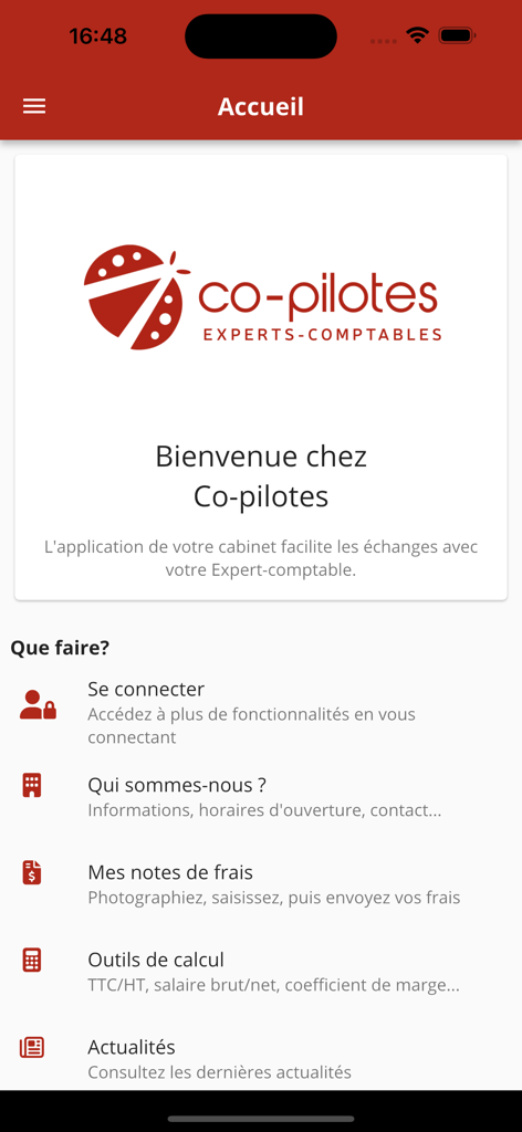 Co-pilotes - Home screen of the Co-pilotes accounting firm mobile application dashboard showing menu options for expense reports and calculation tools.