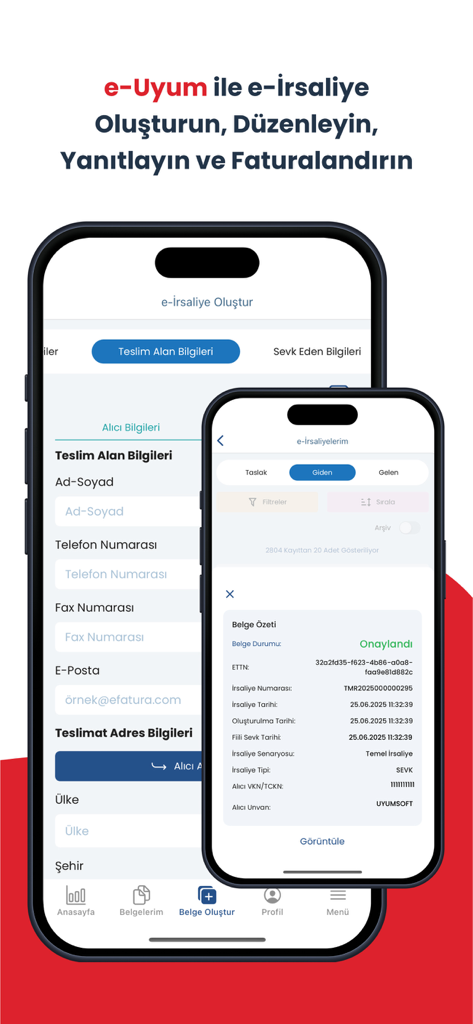 Interface de l'application mobile e-Uyum montrant les écrans de création de lettres de voiture électroniques et de suivi de l'état des documents.