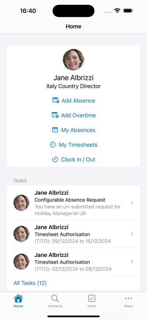 Pantalla de inicio de la aplicación Cezanne HR que muestra el perfil del usuario y una lista de tareas pendientes para la gestión de empleados.