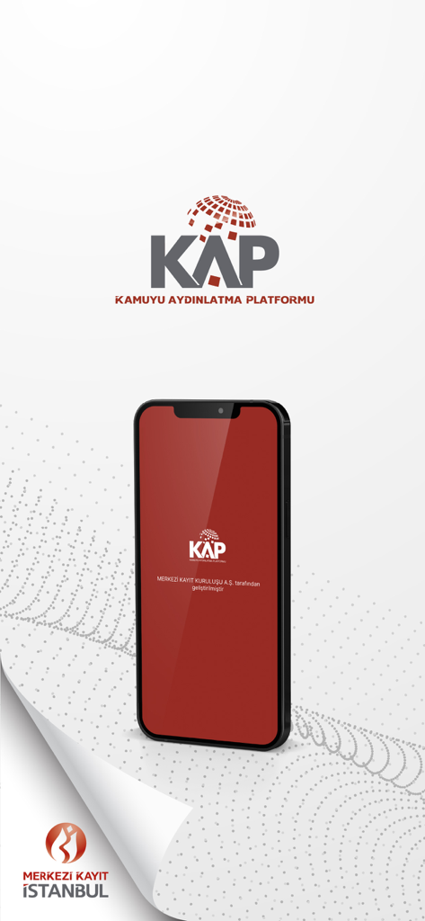 KAP Mobil - Smartphone displaying the KAP Mobil app splash screen with the Public Disclosure Platform logo