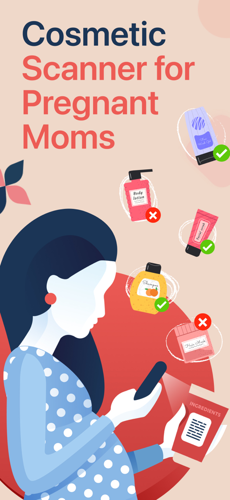 A pregnant woman using the Little Bean app to scan cosmetic ingredient lists for pregnancy safety.
