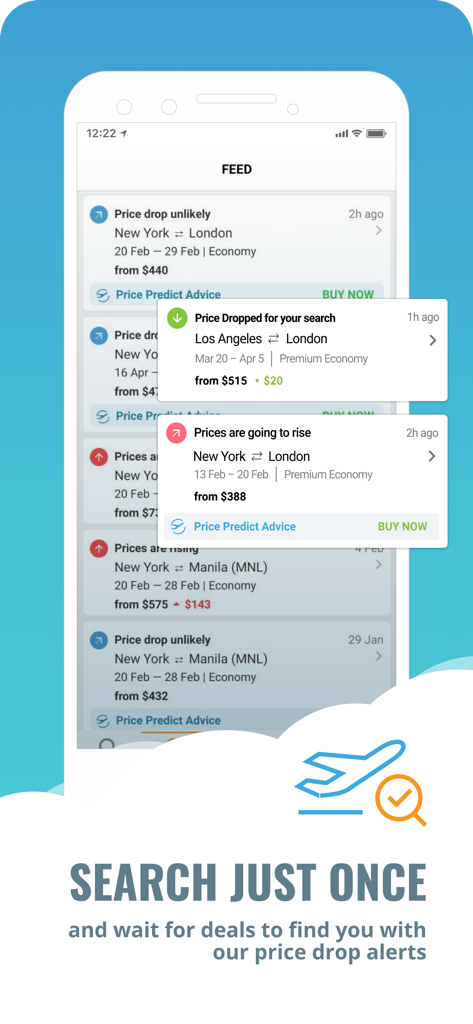 Fareboom Discount Flights - A mobile app screen showing price drop alerts and flight price predictions in a feed
