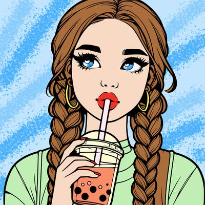 realistic girl with braided hair drinking boba