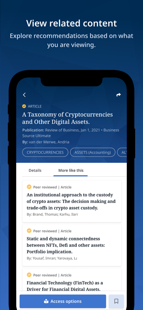 EBSCO Mobile - EBSCO Mobile app displaying recommendations for related peer reviewed articles on academic research topics