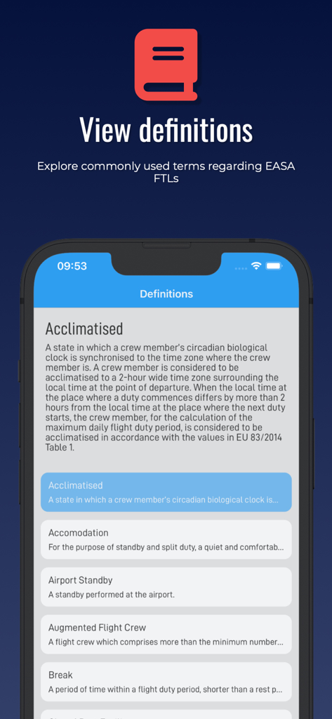 Una schermata nell'app Calcolatore EASA FTL che mostra le definizioni di termini normativi dell'aviazione come Acclimatizzato e Standby Aeroportuale.