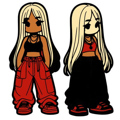 girl in baggy pants crop top and long hair