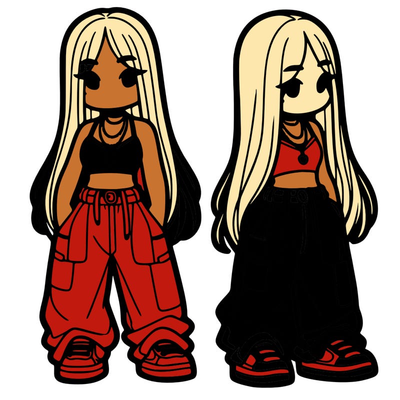 girl in baggy pants crop top and long hair