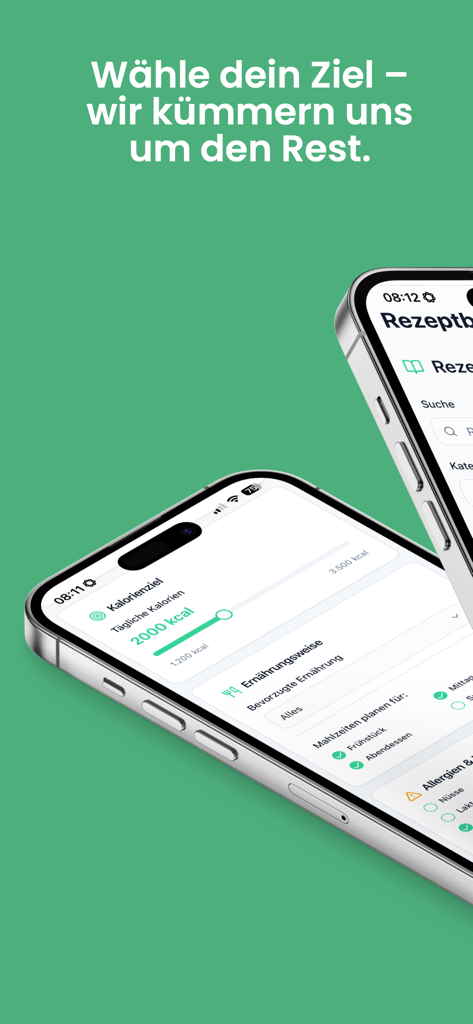 Meal Plan - Dein Essensplaner - Two iPhone screens displaying the MealPlan AI app interface for setting calorie goals and dietary preferences.
