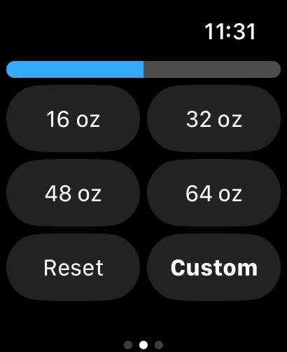 Hydro Buddy - Écran Apple Watch Hydro Buddy montrant des boutons à action rapide pour enregistrer la consommation d'eau en onces