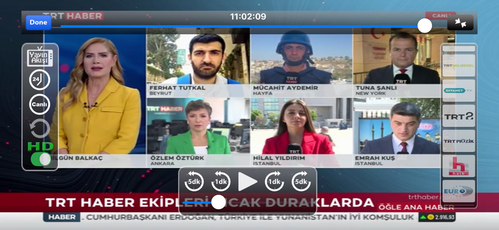 Uyanık TV - Canlı TV İzle - Interface do aplicativo móvel Uyanık TV mostrando uma transmissão de notícias ao vivo da TRT Haber com vários repórteres e controles de reprodução.