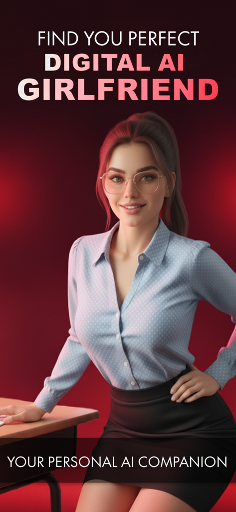 Perfect Girlfriend AI Fantasy - Un personaje digital de novia de IA con atuendo profesional con el texto encuentra tu novia digital de IA perfecta