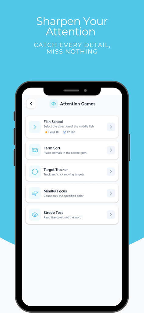 Reflexly - Brain Training - Reflexly app interface showing a list of attention games including Fish School, Farm Sort, and the Stroop Test