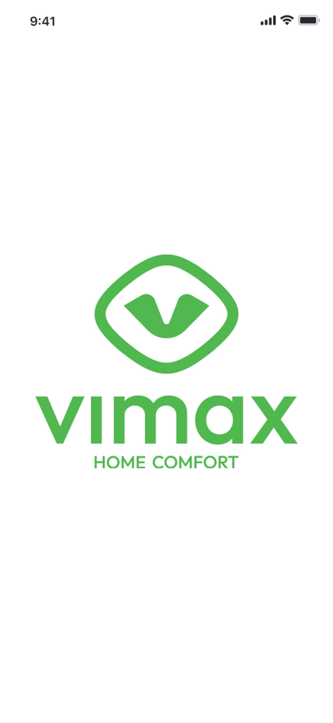 VIMAX APP - Green Vimax Home Comfort logo on a white splash screen background.